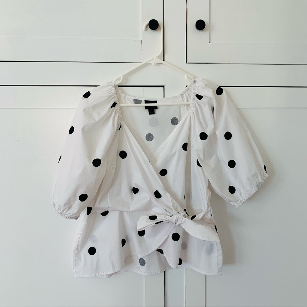 Worthington White Black Polka Dot Wrap Puff Sleeve Top Size Large